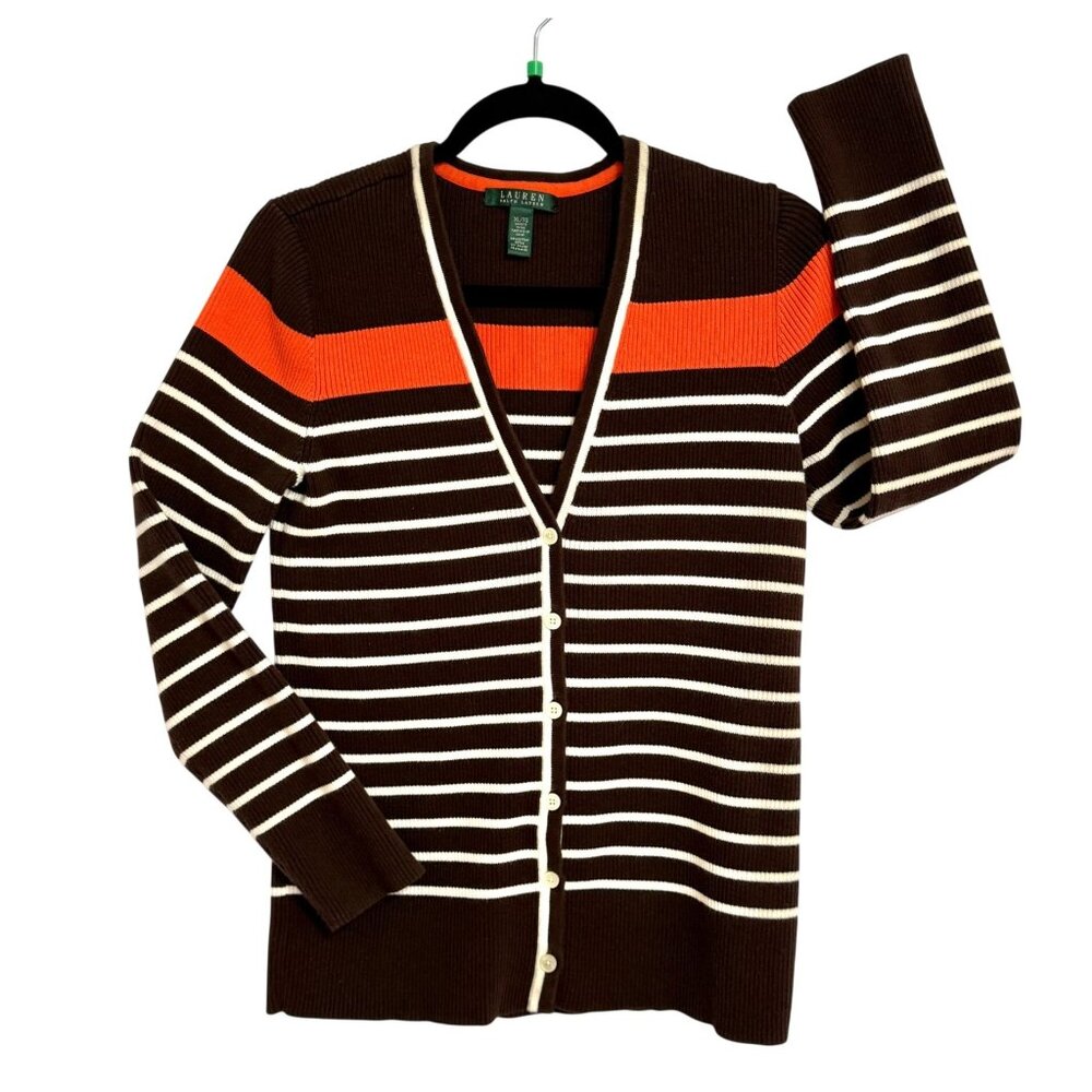 Lauren Ralph Lauren Womens XL Striped‎ Cardigan Sweater Brown/Orange Excellent